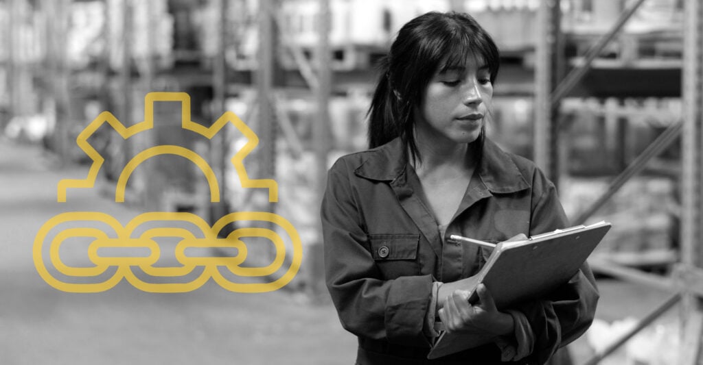 A warehouse worker holding a clipboard, wearing a work uniform, in a storage facility, with a gear and chain graphic overlay.